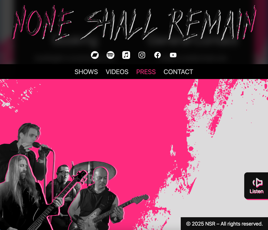 Earlier None Shall Remain website footer featuring a collage of the band members